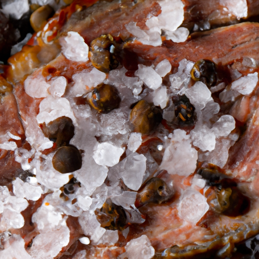 Close-up of the peppercorn and salt crust on a perfectly seared filet mignon