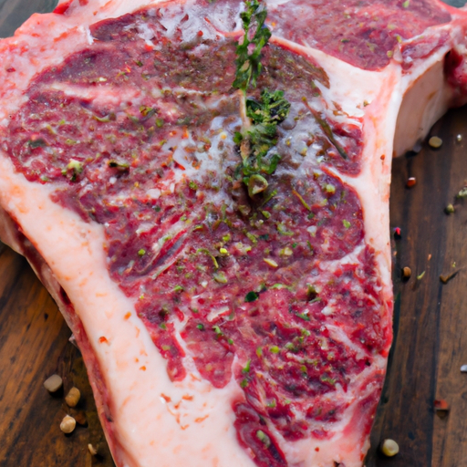 A raw ribeye steak seasoned with salt, pepper, and herbs, ready for grilling