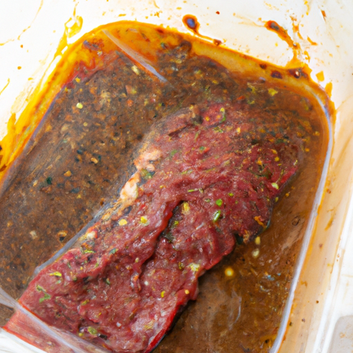 A close-up of a marinated flank steak in a resealable plastic bag, soaking in a flavorful marinade