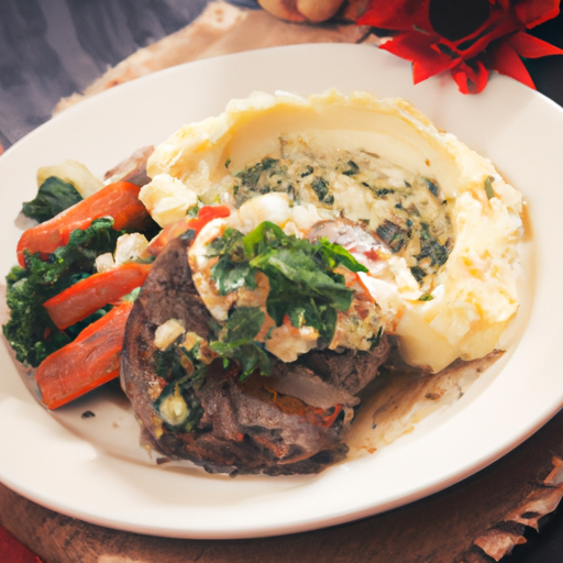 Garlic butter steak served with mashed potatoes and roasted vegetables